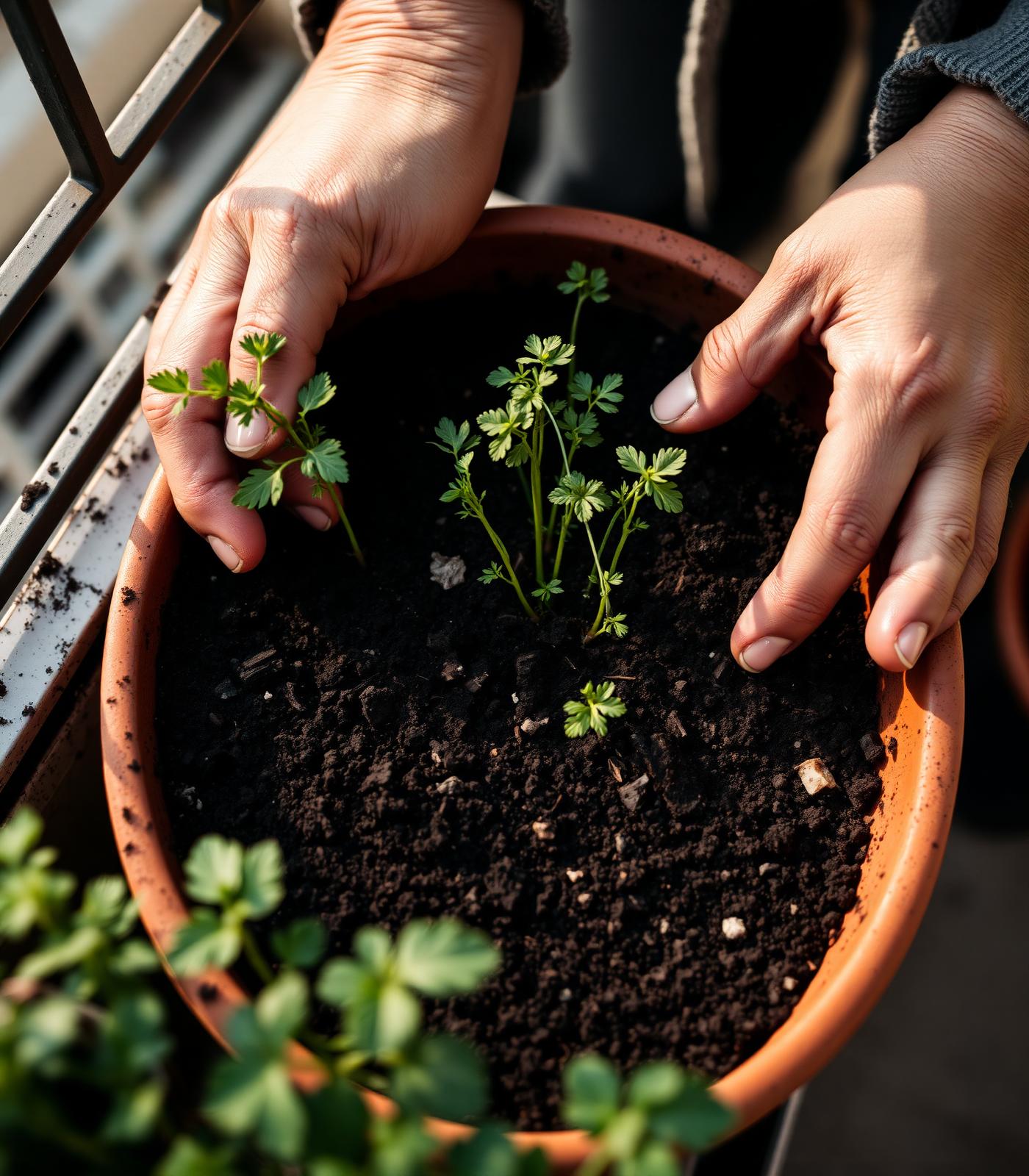 Mains dans la terre d'un potager
